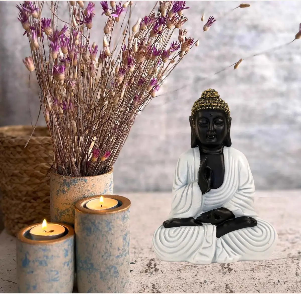 20_6_11zon Meditating Buddha Idols for Home Decor Ashirwad Mudra Black White Shading Small Size Office Desk Table Outdoor Resin Statues L W H ( 14*8*19) cm - Image 1