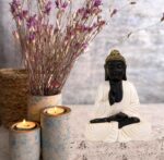 Meditating Buddha Idols for Home Decor Ashirwad Mudra White Cream Black Shading Small Size Office Desk Table Outdoor Resin Statues L W H ( 14*8*19) cm
