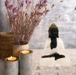 Meditating Buddha Idols for Home Decor Ashirwad Mudra White Cream Black Shading Small Size Office Desk Table Outdoor Resin Statues L W H ( 14*8*19) cm