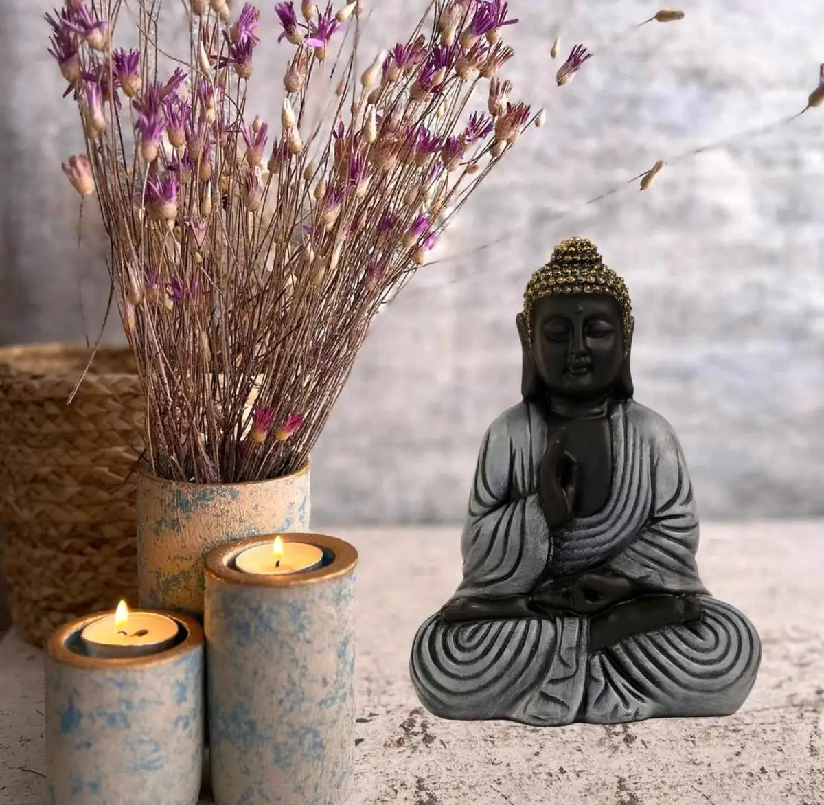 26_3_11zon (1) Meditating Buddha Idols for Home Decor Ashirwad Mudra Black Gray Shading Small Size Office Desk Table Outdoor Resin Statues L W H ( 14*8*19) cm - Image 1