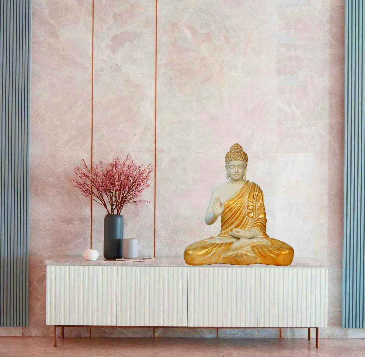 49_2_11zon Meditating Buddha Idols for Home Decor Ashirwad Mudra Off White Gold Statue Medium Size Office Desk Table Outdoor Resin Statues L W H ( 23*21*37) cm - Image 1