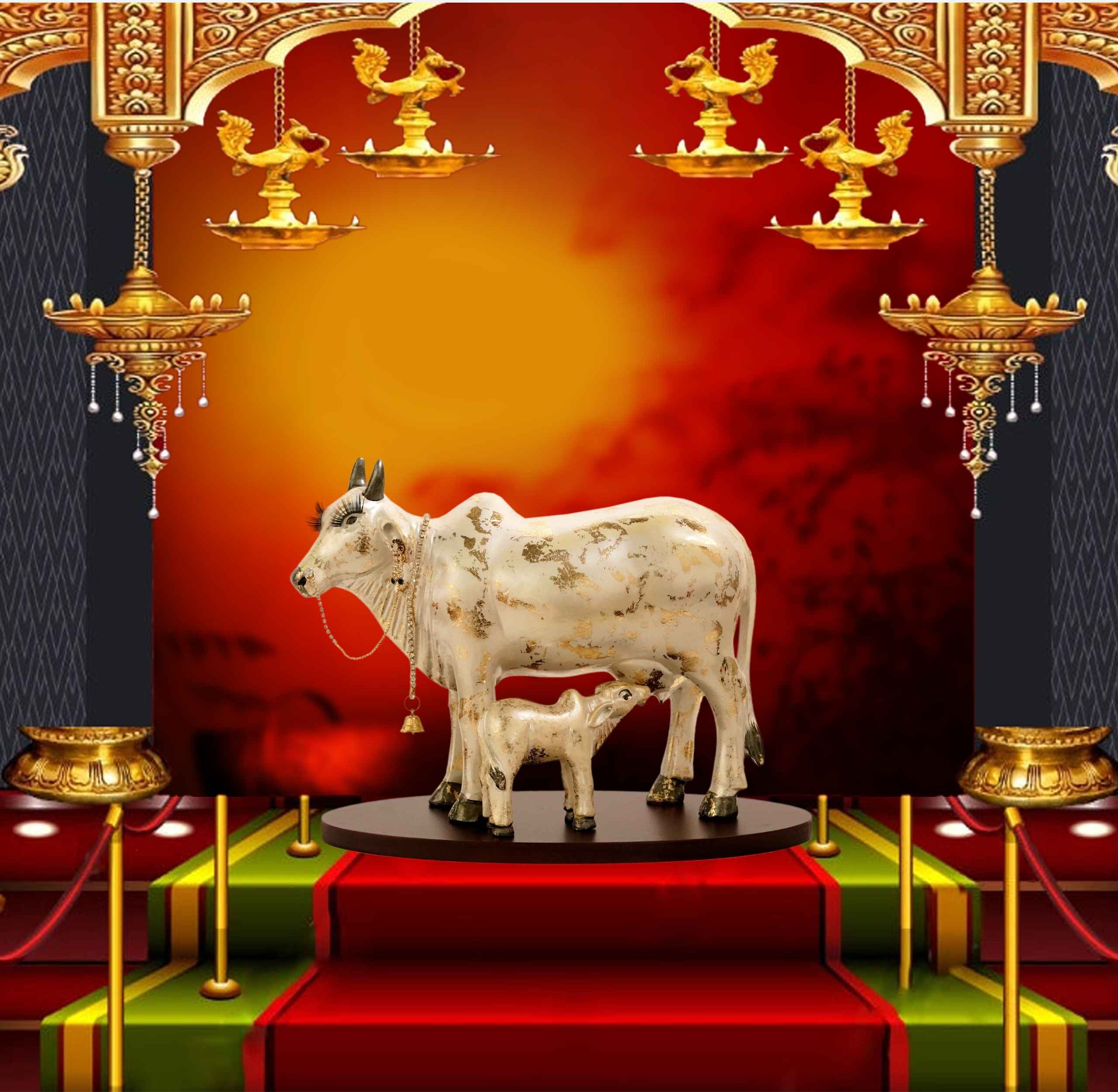 85_5_11zon Handcrafted Polyresin Kamdhenu Cow Pearl White With Gold Fowling Effect Figurine with Calf for Full Filling Wishes of Human Being (Multicolour, 27x14x22) cm - Image 1