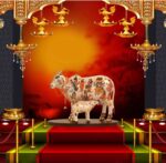 Handcrafted Polyresin Kamdhenu Cow Pearl White Figurine with Calf for Full Filling Wishes of Human Being (Multicolour, 27x14x22) cm