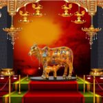 Handcrafted Polyresin Kamdhenu Cow Gold with Calf for Full Filling Wishes of Human Being (Multicolour, 27x14x22) cm