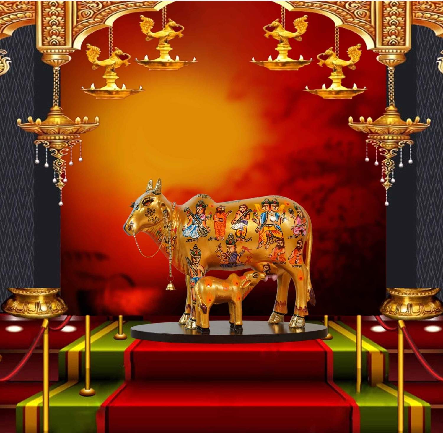 87_2_11zon (1) Handcrafted Polyresin Kamdhenu Cow Gold with Calf for Full Filling Wishes of Human Being (Multicolour, 27x14x22) cm - Image 1