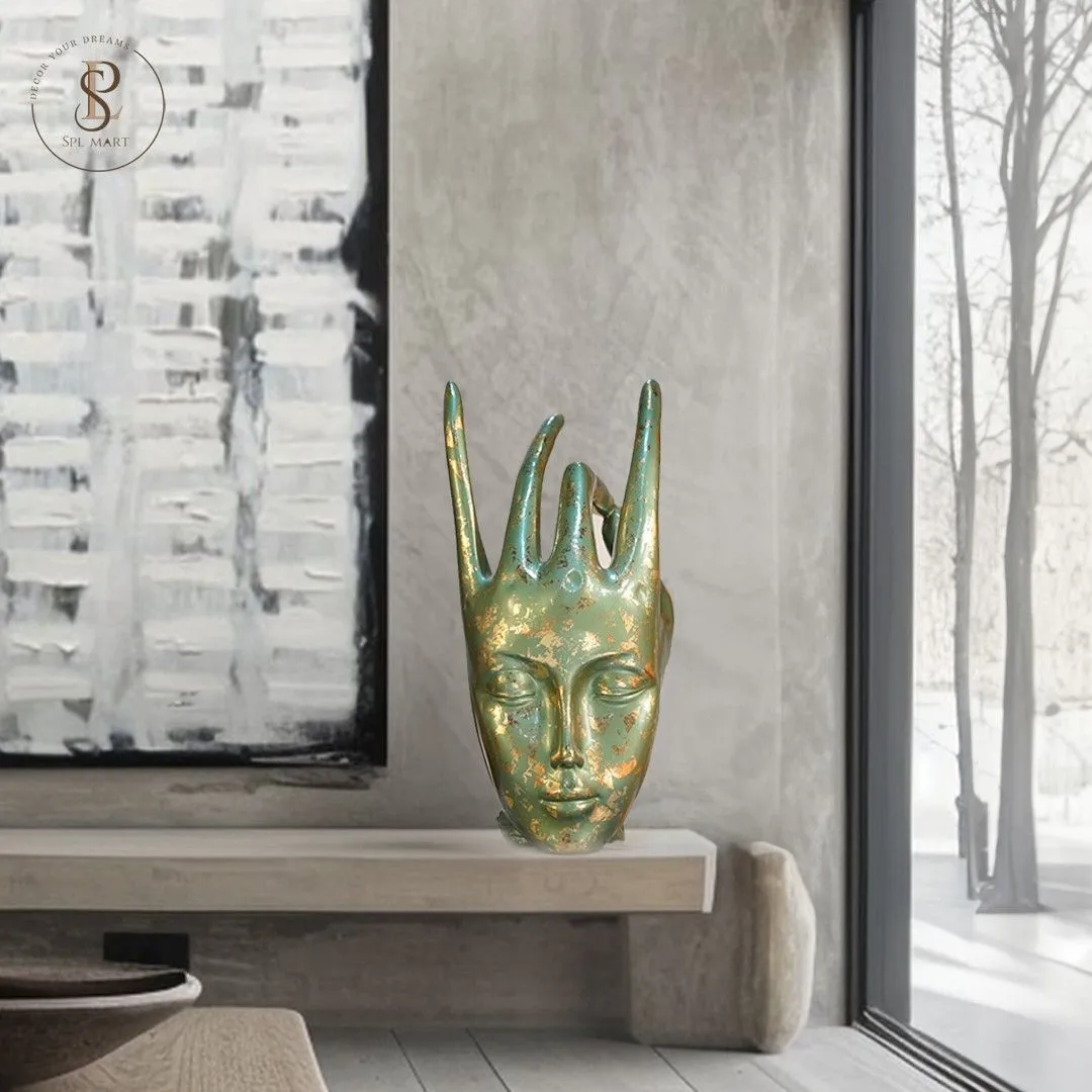 Metalic-Green-face-06 Handmade Resin Female Hand Metallic Green Decorative Face Sculpture For Home Decor 20X22X40 cm (Copy) - Image 1