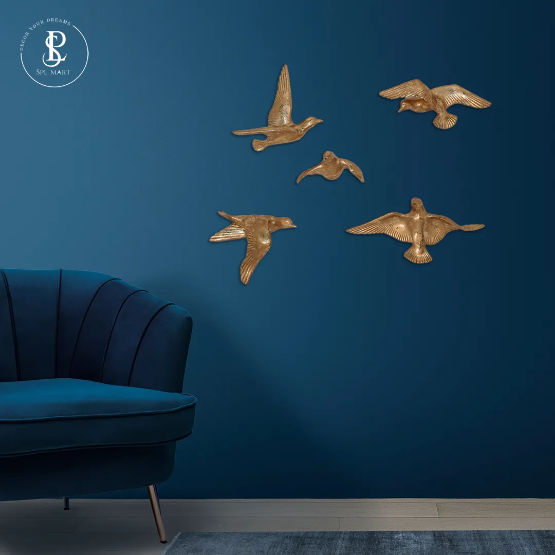 parl-gold Decorative Birds Wall Decor Wall Hangings Bird Wall Art Gold Finish Parl Gold For Living Room Flying Birds Wall Art Set Of 5 - Image 1