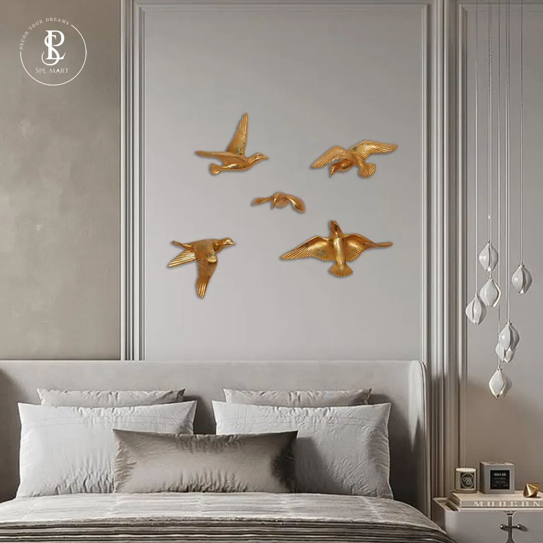 pearl-gold Decorative Birds Wall Decor Wall Hangings Bird Wall Art Gold Finish Pearl Gold For Living Room Flying Birds Wall Art Set Of 5 - Image 1