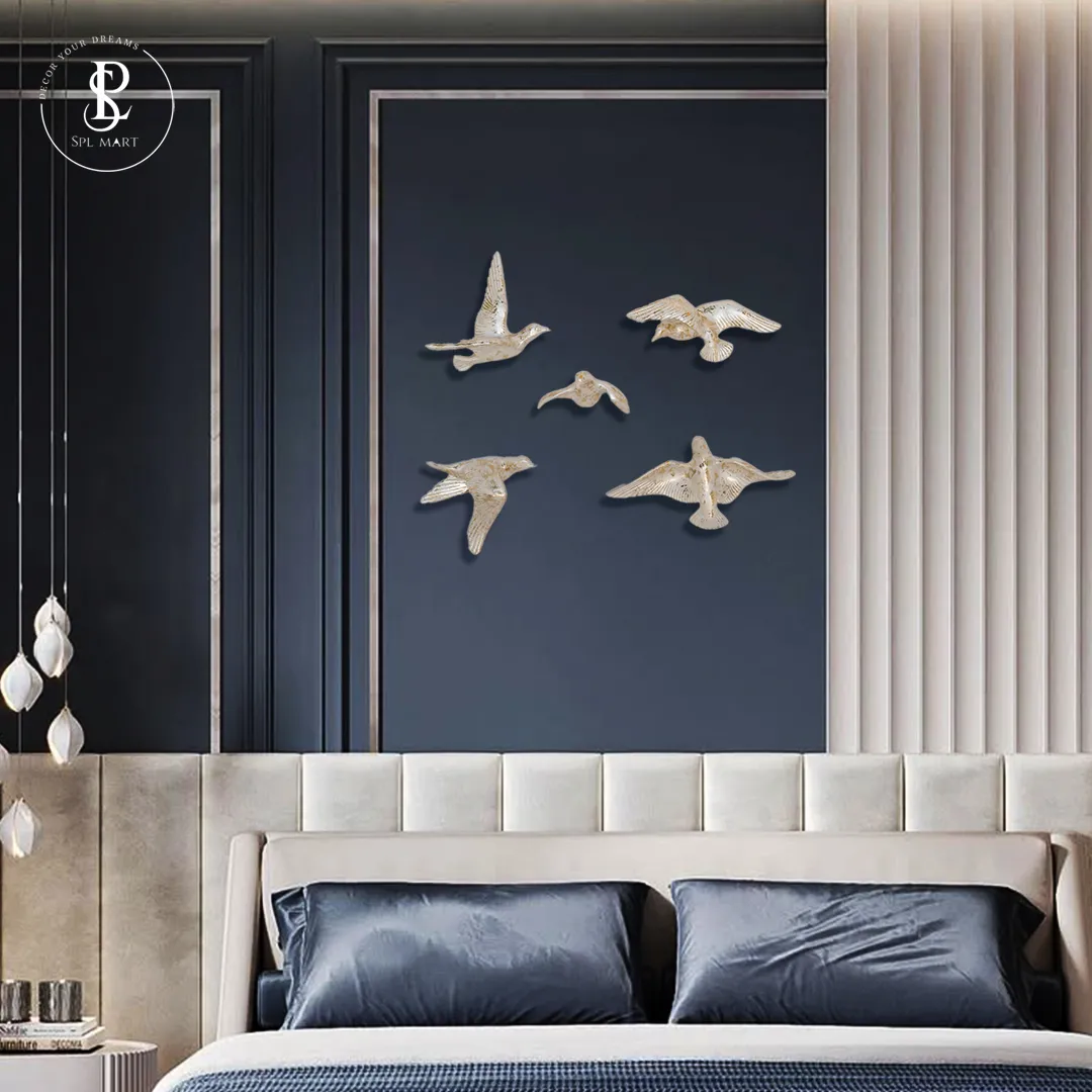 pearl-white (1) Decorative Birds Wall Decor Wall Hangings Bird Wall Art Gold Finish Pearl White For Living Room Flying Birds Wall Art Set Of 5 - Image 1