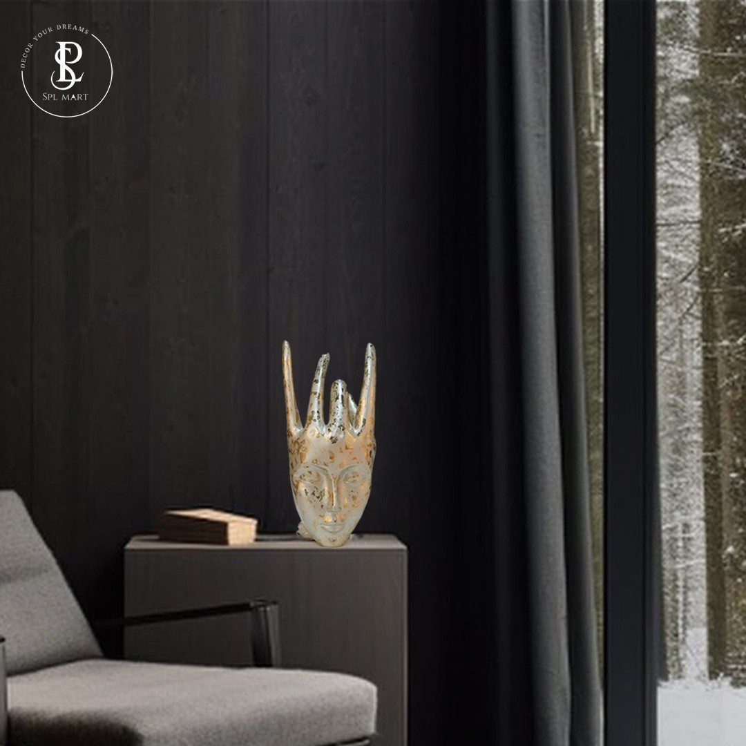 pearl-white-specify-with-golden-foil-effect-face-04 (1) Handmade Resin Female Hand Statue Beauty Pearl White Hand Face Statue For Home Decor 20X22X40 cm - Image 1