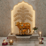 Handcrafted Polyresin Kamdhenu Cow Gold with Calf for Full Filling Wishes of Human Being (Multicolour, 27x14x22) cm