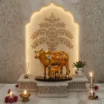 Handcrafted Polyresin Kamdhenu Cow Gold with Calf for Full Filling Wishes of Human Being (Multicolour, 27x14x22) cm