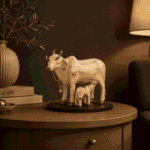 Handcrafted Polyresin Kamdhenu Cow Pearl White With Gold Fowling Effect Figurine with Calf for Full Filling Wishes of Human Being (Multicolour, 27x14x22) cm