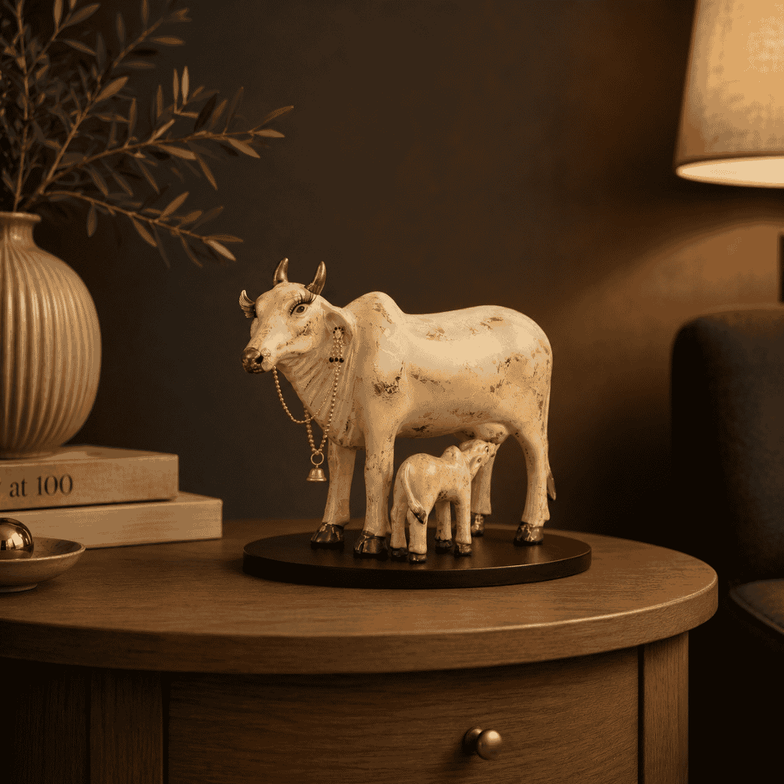Untitled design (2) Handcrafted Polyresin Kamdhenu Cow Pearl White With Gold Fowling Effect Figurine with Calf for Full Filling Wishes of Human Being (Multicolour, 27x14x22) cm - Image 1
