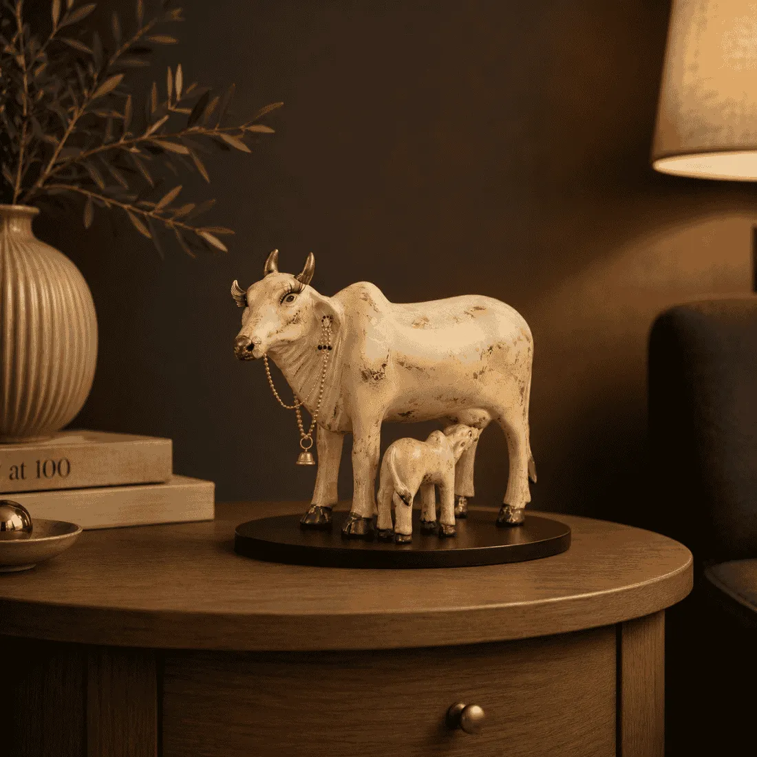 Untitled design (2) Handcrafted Polyresin Kamdhenu Cow Pearl White With Gold Fowling Effect Figurine with Calf for Full Filling Wishes of Human Being (Multicolour, 27x14x22) cm - Image 1