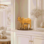 Handcrafted Polyresin Kamdhenu Cow Gold With Gold fowling Effect Figurine with Calf for Full Filling Wishes of Human Being (Multicolour, 27x14x22) cm
