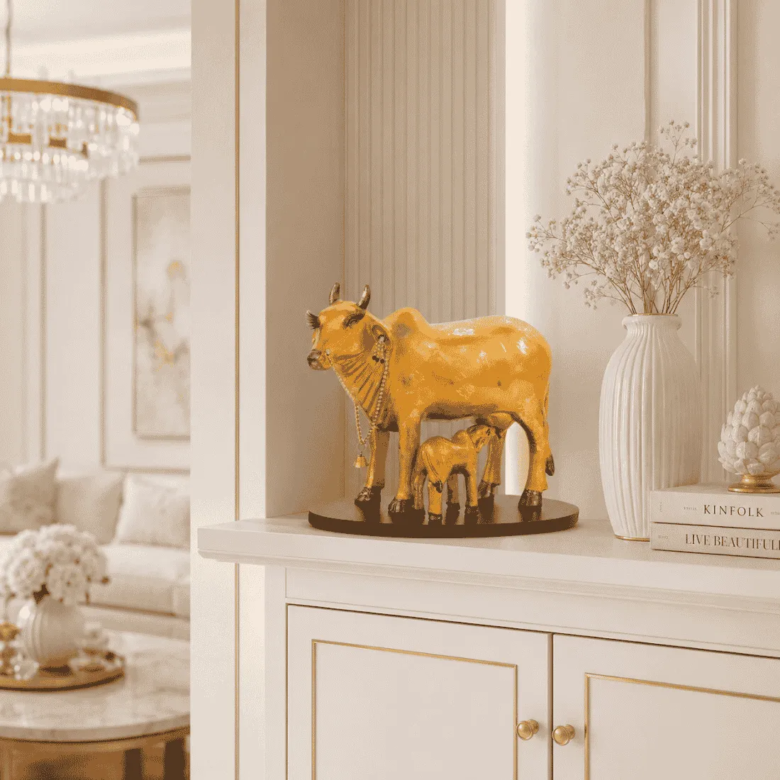 Untitled design (3) Handcrafted Polyresin Kamdhenu Cow Gold With Gold fowling Effect Figurine with Calf for Full Filling Wishes of Human Being (Multicolour, 27x14x22) cm - Image 1
