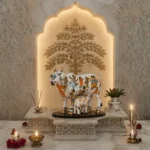 Handcrafted Polyresin Kamdhenu Cow White Figurine with Calf for Full Filling Wishes of Human Being (Multicolour, 27x14x22) cm