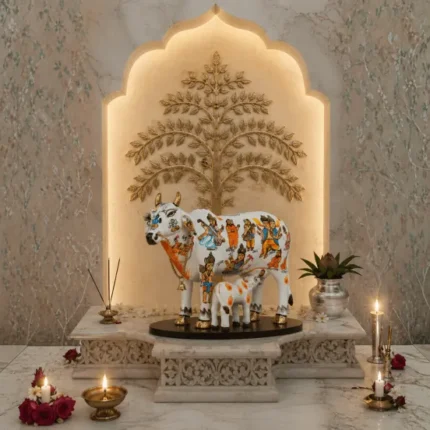 Handcrafted Polyresin Kamdhenu Cow White Figurine with Calf for Full Filling Wishes of Human Being (Multicolour, 27x14x22) cm